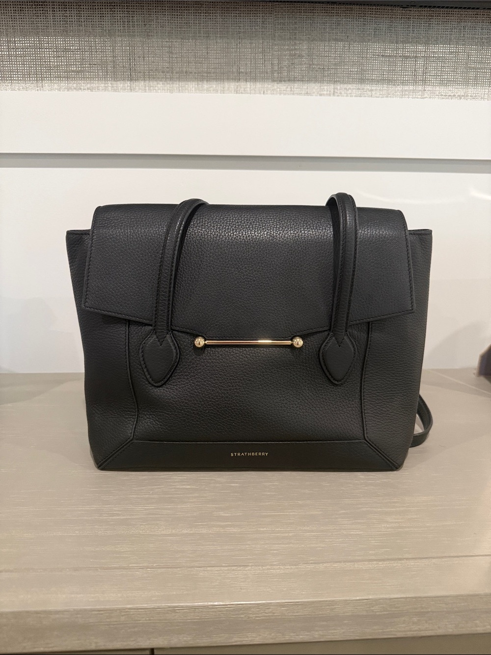 Strathberry Black Pebbled Leather Mosaic Tote with Gold Bar